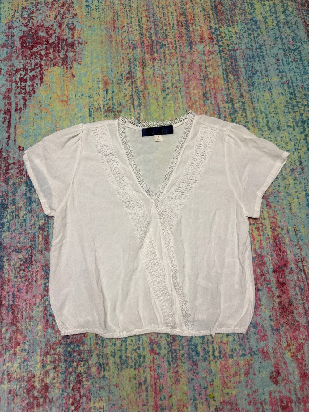 Blue Rain White Lace-Trim V-Neck Blouse